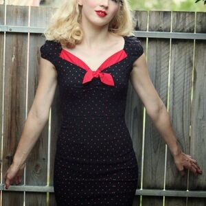 Stop Staring! Retro Pin-up  Wiggle Dress Black W Red  Polka Dots Size M Medium